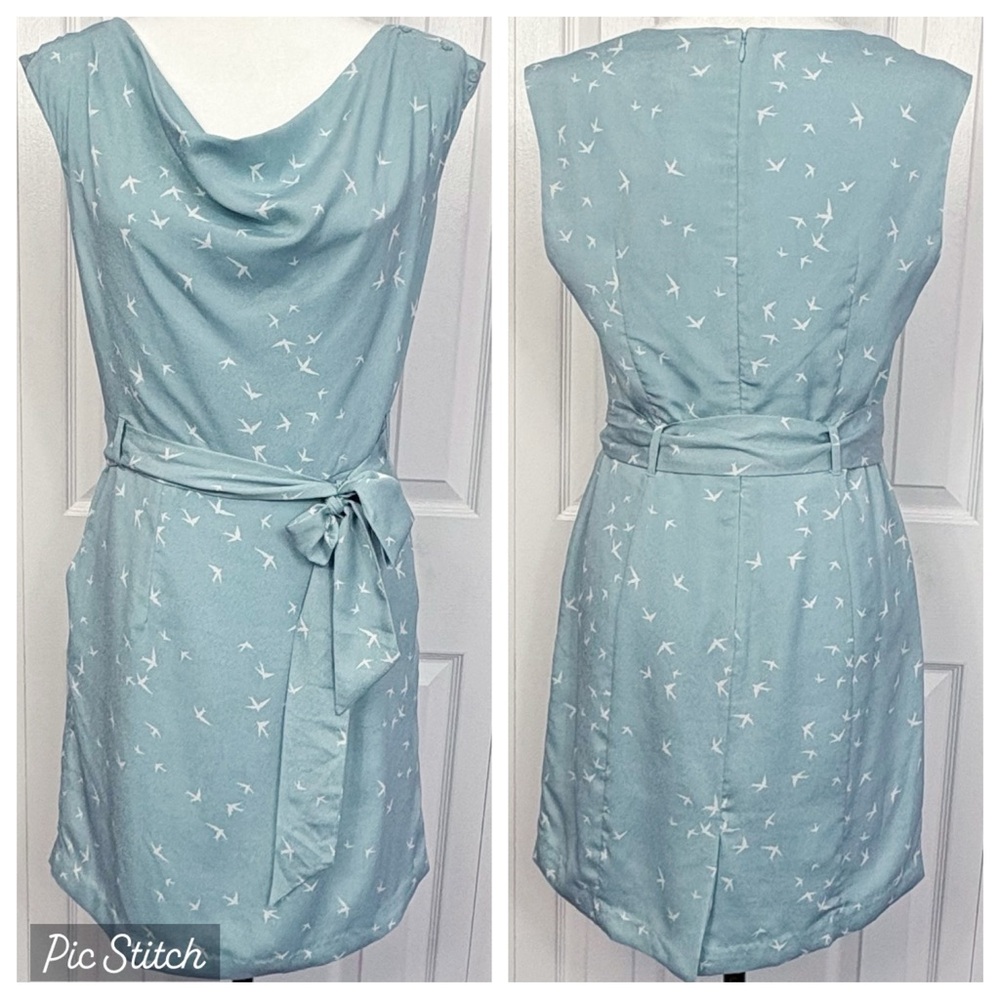 NWT Poem by Oliver Bonas Aqua Blue Swallow Bird Print Cowl Sheath Dress
